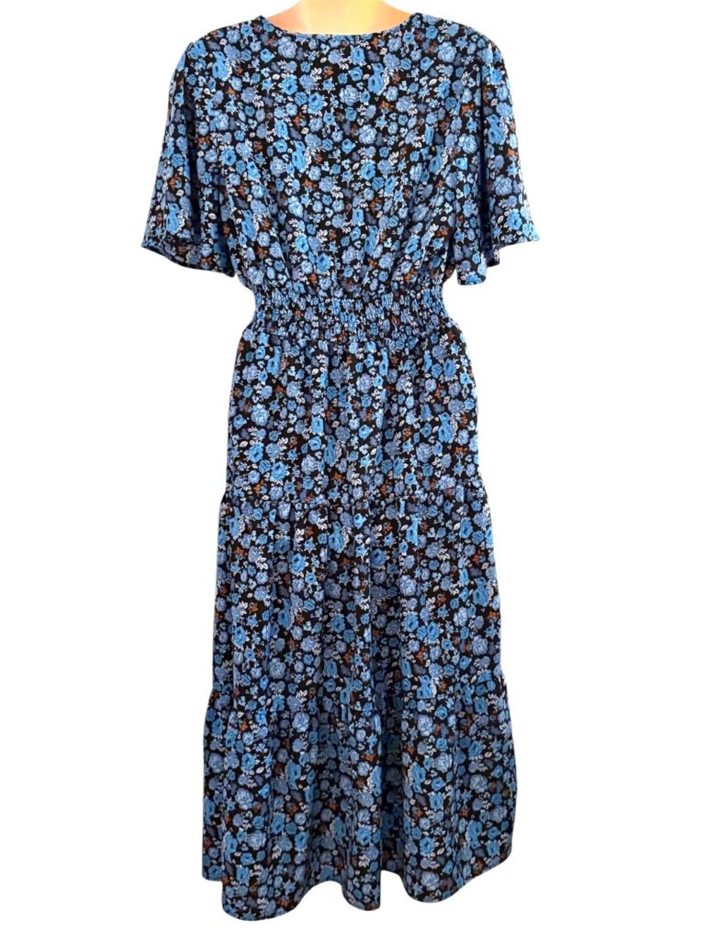 Kojooin Womens Medium Floral Midi Dress V-Neck S/S Blue Black Cottagecore - Picture 3 of 7